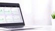 © A4719 - A sleek laptop displays analytics charts with green trends, sitting on a clean desk next to a small potted plant, conveying a professional workspace.