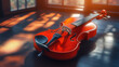© Shahin - A Polished Violin on a Wooden Surface, Bathed in Warm Sunlight, A close-up of a beautifully polished violin resting on a wooden surface, illuminated by warm sunlight.