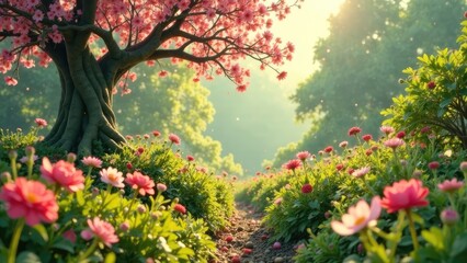 Aufkleber - A scenic path leads through a field of pink flowers beneath a large flowering tree. Concept of tranquil nature path.