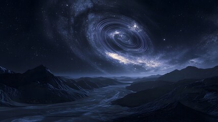 A swirling galaxy illuminates the dark sky above a desolate mountain range and a river on an alien planet.