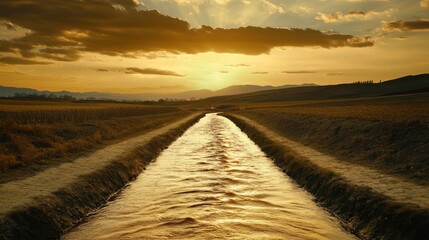 Wall Mural - Warm Rural Landscape with a Dynamic Waterway at Sunset