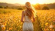 © Helga P-A. - A blonde woman in a white dress walks away from the camera through a field of yellow flowers at sunset. Concept of summer freedom.