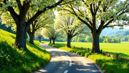 Aufkleber - A winding road is lined with flowering trees and green fields on a sunny day. Concept of: scenic spring road.