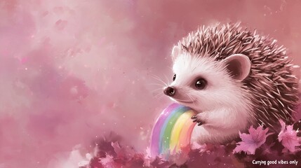 Wall Mural - Cute hedgehog holding a rainbow in a pink garden.