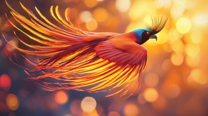 Canvas Print - Fiery bird in flight, sunset bokeh background.