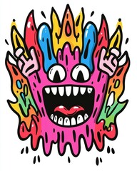 Wall Mural - A colorful, cartoonish monster with a wide grin and vibrant flames around it.
