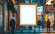 © Who is Santi - Blank white poster framed in natural wood, displayed with a glowing street billboard promoting a new fashion collection, with a backdrop of colorful street art and busy pedestrians
