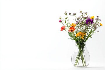Poster - Minimalist still life featuring wildflowers in a clear glass vase with ample space for text and creative design. Generative AI