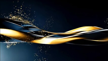 Wall Mural - dynamic golden and black metallic curves with glowing particles on a deep navy blue background