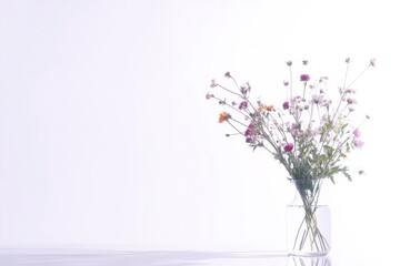 Aufkleber - Minimalist still life featuring wildflowers in a clear glass vase with ample copy space and natural light. Generative AI