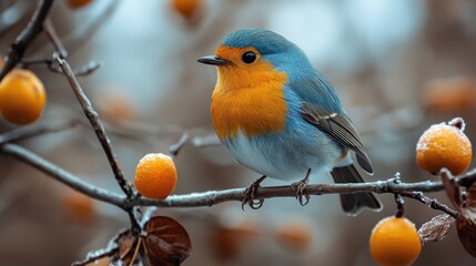 Wall Mural - Colorful Bluebird Perched on Branch Surrounded by Vibrant Yellow Fruit in a Frosty Winter Landscape Capturing Nature's Beauty and Serenity