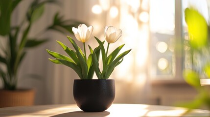 Poster - Two white tulips in a black pot on a wooden table, sunlit.