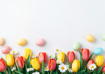 Wall Mural - Easter eggs and tulips arranged on white background creating vibrant spring border