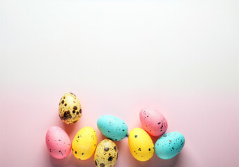 Wall Mural - colorful easter eggs are lying on a pink background with copy space