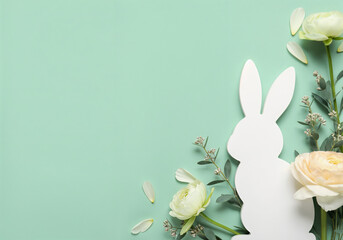 Wall Mural - easter bunny silhouette and spring flowers creating a festive holiday scene on pastel green backgrou