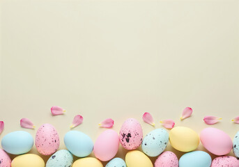 Wall Mural - Pastel colored easter eggs and pink petals arranged on a beige background creating a festive bottom border