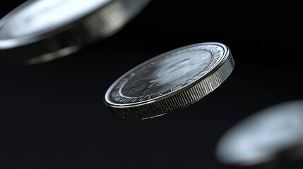 Silver coins falling against dark background.