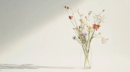 Poster - Minimalist still life arrangement of wildflowers in a clear glass vase with ample copy space for creative use. Generative AI