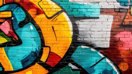 Fototapete - A dynamic display of colorful graffiti art on an urban brick wall, angled shot, Urban style
