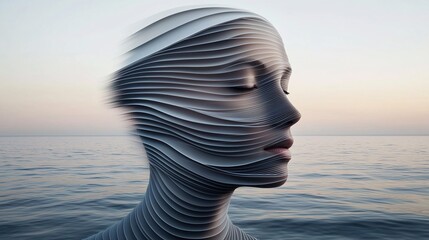 Wall Mural - minimalist double exposure of a person’s face combined with smooth, abstract lines, blending into the muted background of a tranquil ocean horizon. [abstract]:[background] 