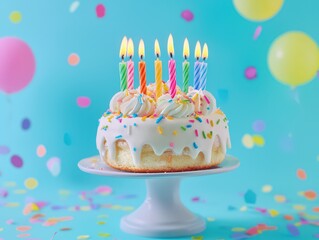 Birthday cake with lit candles, colorful sprinkles, and whipped cream on a cake stand, set against a pastel background, perfect for festive celebrations and joyful gatherings.