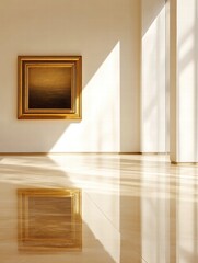 Poster - Luxurious art gallery with golden framed artwork and elegant reflections on polished floors. Generative AI