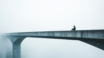 Poster - Lonely figure on a foggy bridge at dawn contemplating solitude and introspection in a quiet moment. Generative AI