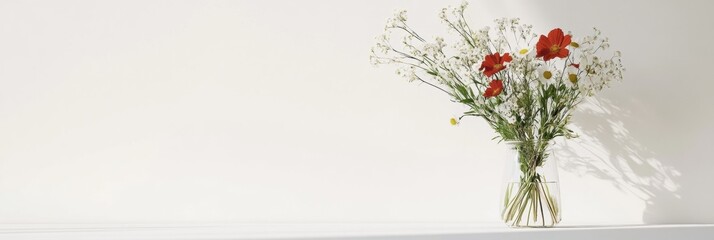 Poster - Minimalist still life of wildflowers in a clear glass vase with copy space for text. Generative AI