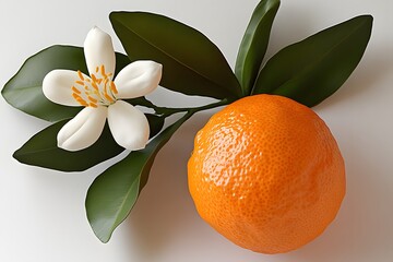 Wall Mural - Orange Fruit Blossom And Leaves On White Background