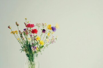 Aufkleber - Wildflowers in a clear glass vase create a serene and minimalist still life with ample space for text. Generative AI