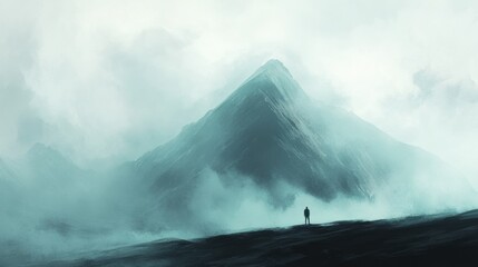 Poster - Lonely figure gazing at the towering mountain shrouded in mist during early morning light. Generative AI