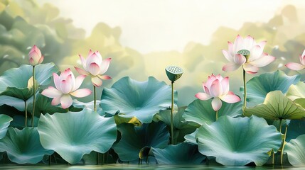 Wall Mural - Lotus leaves abstract background idea. Beautiful lotus flowers blooming amidst lush green leaves in a serene natural setting.