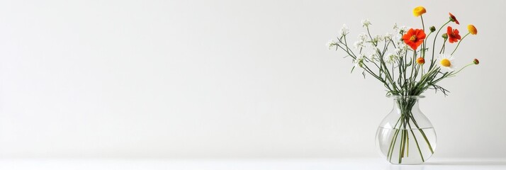 Poster - Minimalist still life showcasing wildflowers in a clear glass vase against a neutral background for creative display. Generative AI