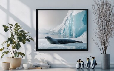 Wall Mural - White poster framed in dark oak, displayed with an image of a seal basking in the sunlight on an ice floe, with penguins waddling nearby and a glacier wall in the background 