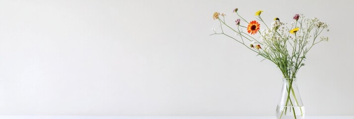 Poster - Minimalist still life with wildflowers in a clear glass vase on a clean table surface. Generative AI