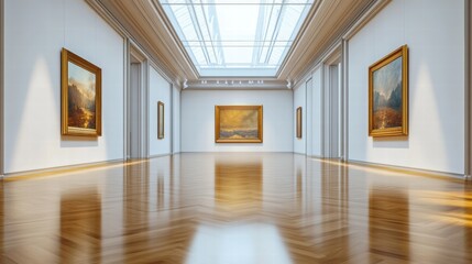 Poster - Luxurious art gallery showcasing exquisite paintings in a well lit, elegant space with polished wooden floors. Generative AI