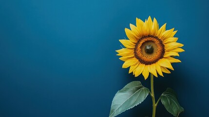 Poster - A vibrant yellow sunflower set against a deep blue background, close-up shot, Minimalist style