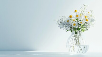 Poster - Wildflowers in a clear glass vase with copy space for text in a minimalist setting. Generative AI