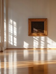 Poster - Luxurious art gallery with sunlight casting shadows on polished wooden floor. Generative AI