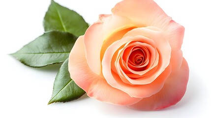 Wall Mural - A Single Peach Rose with Green Leaves on White