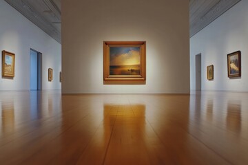 Poster - Luxurious art gallery showcasing beautiful paintings with polished wooden floors and modern lighting. Generative AI