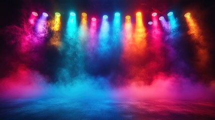 Wall Mural - A vibrant array of colorful stage lights illuminating a misty atmosphere