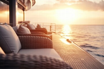 Aufkleber - Luxury yacht deck overlooking the sunset with elegant furniture by the ocean. Generative AI