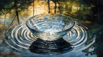 Sticker - Rippling water surface with a glass bowl capturing reflections 