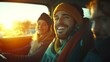 © พงศ์พล วันดี - Group of Cheerful Passengers Enjoying a Taxi Ride at Sunset with Warm Clothing and Smiles