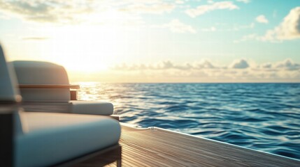 Poster - Luxury yacht deck with elegant furniture overlooking serene ocean at sunset. Generative AI