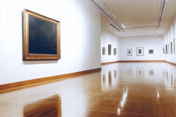 Aufkleber - Luxurious art gallery featuring elegant wooden flooring and vibrant framed artworks on display in a spacious environment. Generative AI