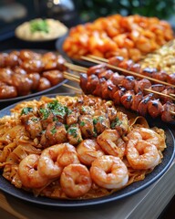 Wall Mural - Delicious Asian-inspired food platter featuring grilled meats, noodles, and shrimp.