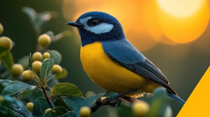 Wall Mural - Vibrant Blue and Yellow Bird Perched on Green Branch Amidst Golden Background of Sunset, Capturing Nature's Beauty in Stunning Detail