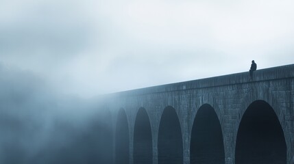 Aufkleber - Lonely figure reflecting on foggy bridge amid quiet morning atmosphere. Generative AI
